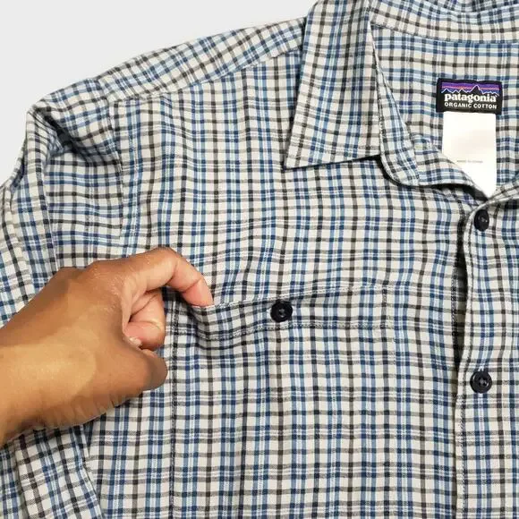 Patagonia‎ Mens Organic Cotton Knit Button Up Shirt Sz Med Blue Check Plaid - Picture 4 of 12